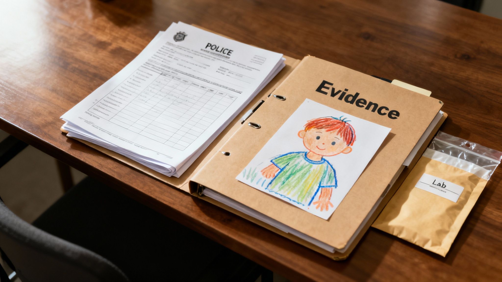A concerned parent holding a child's hand in a Texas courtroom setting.