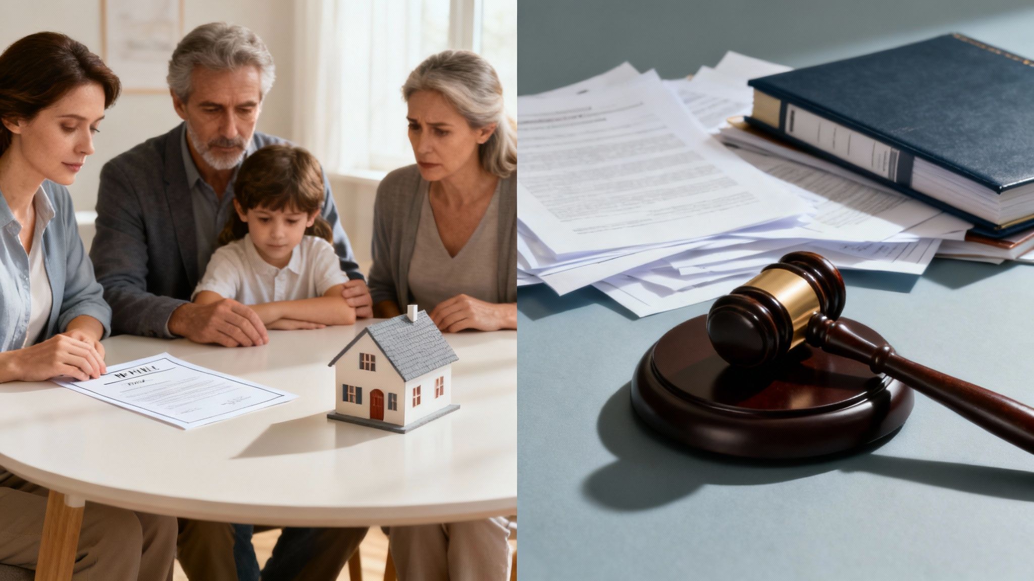 Family discussing estate planning with a will and miniature house, alongside legal documents and a gavel, symbolizing probate law and estate management.