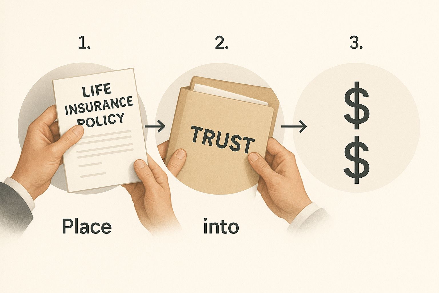 Hands holding a life insurance policy transitioning into a trust folder, illustrating the process of placing a life insurance policy into a trust for estate planning benefits.