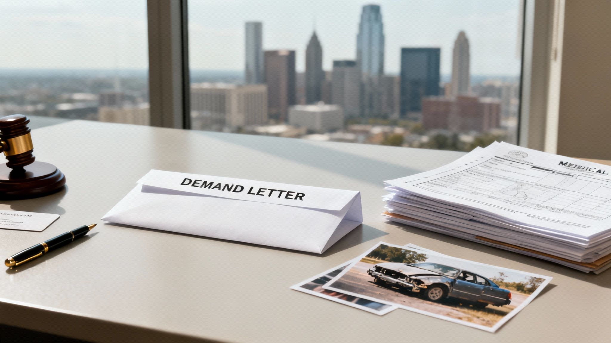 A legal professional reviewing documents at a desk, symbolizing the negotiation process.