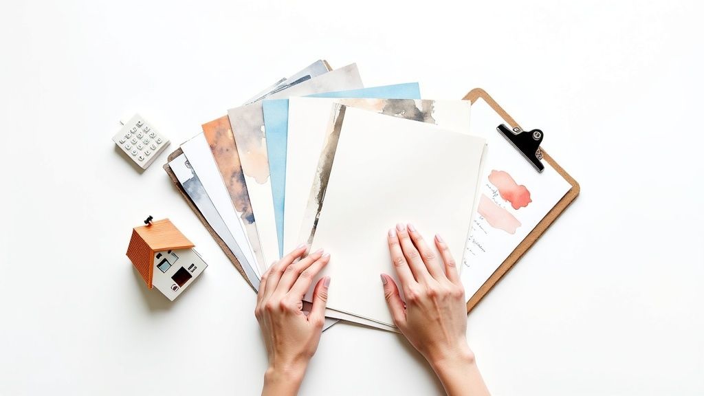 Hands arranging blank papers and color swatches on a clipboard, with a small model house and calculator nearby, symbolizing planning for affordable divorce and family law consultations in Humble, Texas.