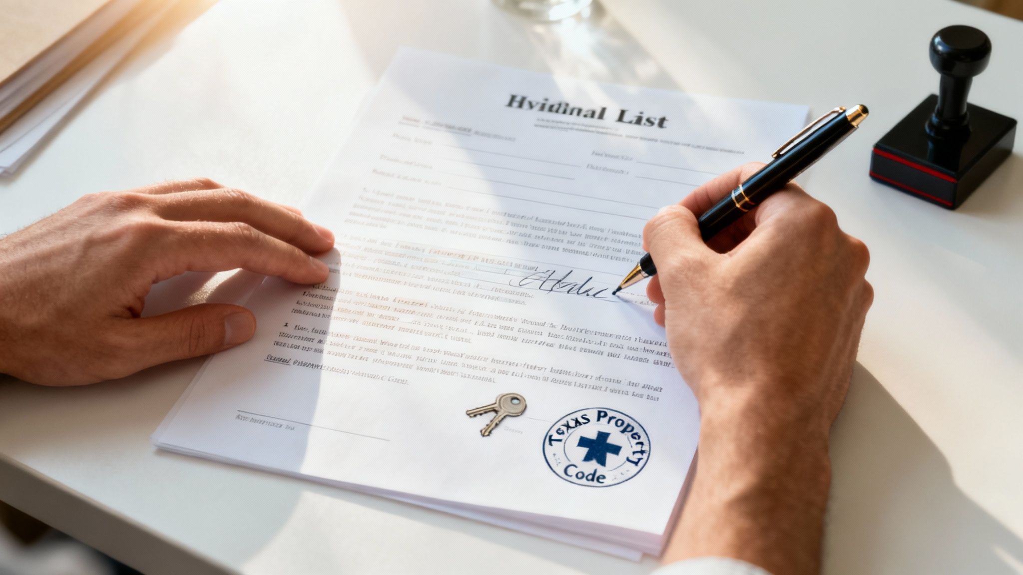 Person signing a lease agreement with "Texas Property Code" seal and keys on the table, emphasizing landlord-tenant responsibilities in Texas.