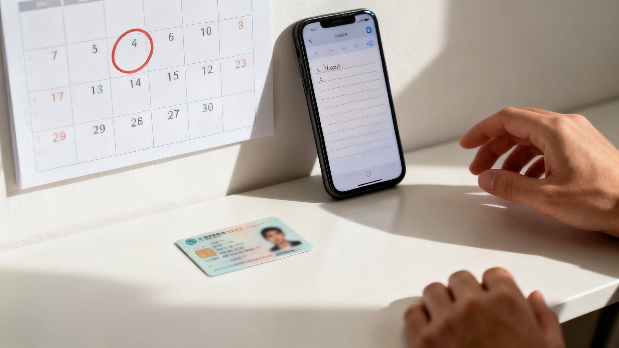 Desk setup with a calendar, circled date 4, smartphone with notes, and an ID card.