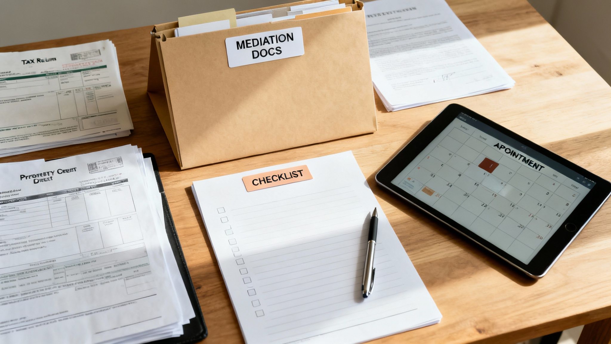 A wooden desk with mediation documents, a checklist, a pen, and a tablet showing an appointment calendar.