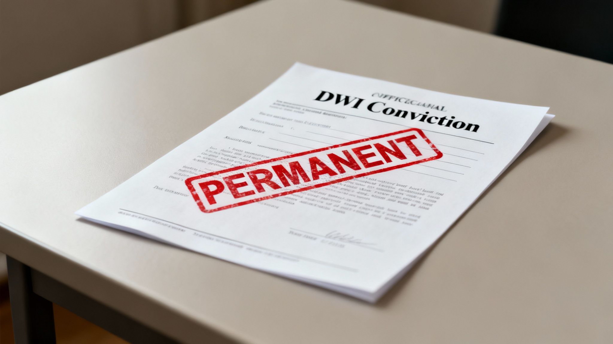 Official DWI conviction document with permanent stamp on white table showing criminal record status