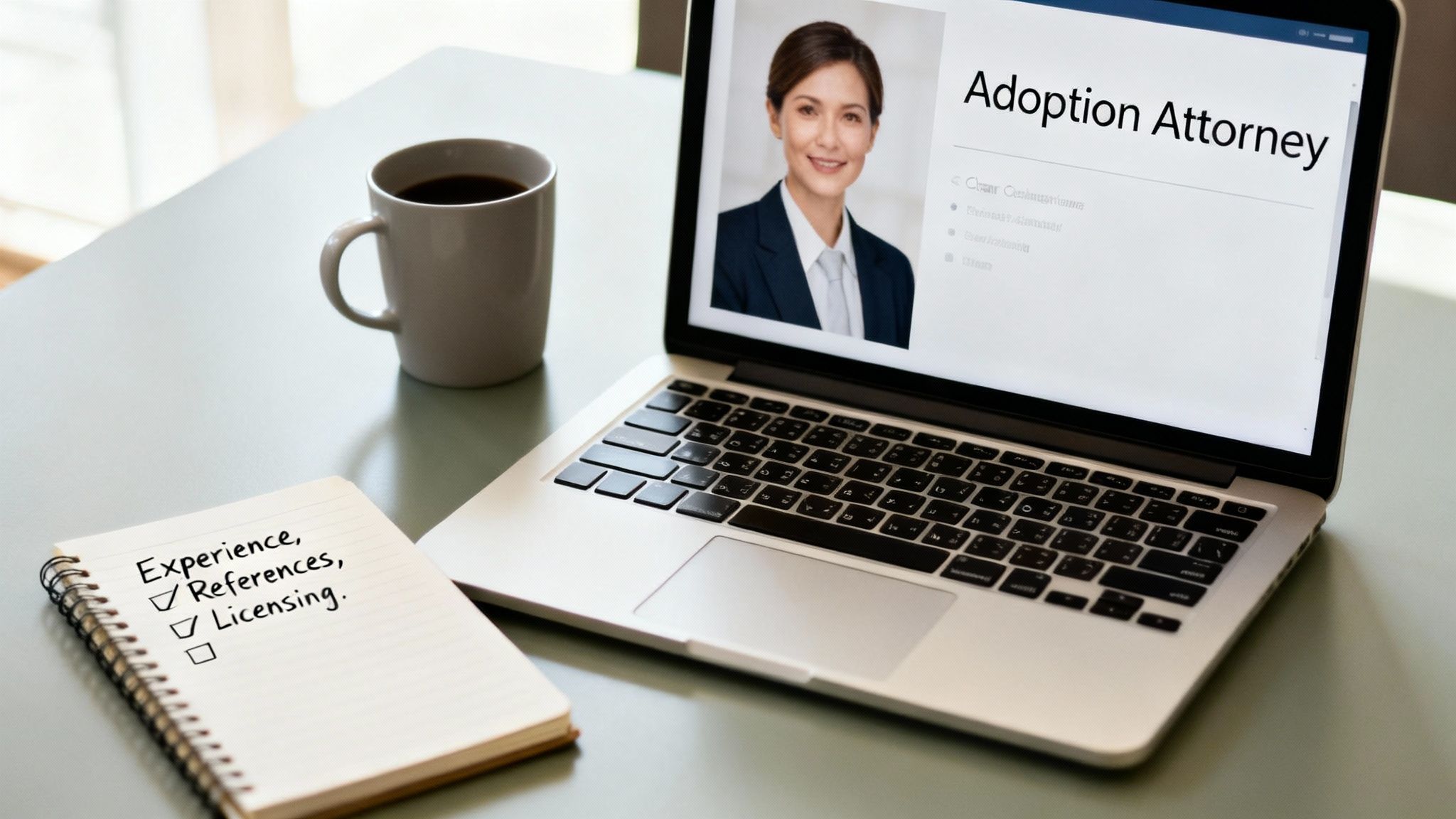 Laptop displaying adoption attorney website with checklist notebook showing experience, references, and licensing requirements