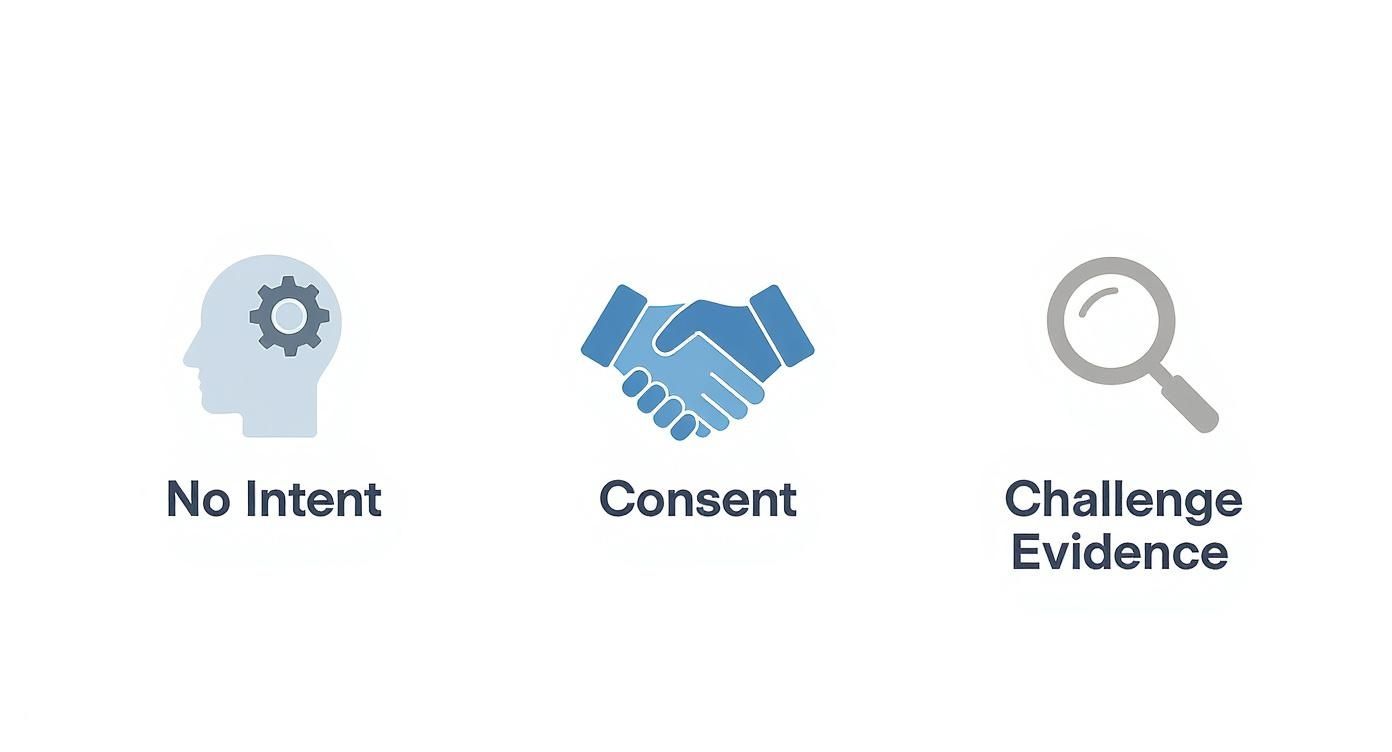 Three icons illustrating legal concepts: 'No Intent' (head with gear), 'Consent' (handshake), and 'Challenge Evidence' (magnifying glass).
