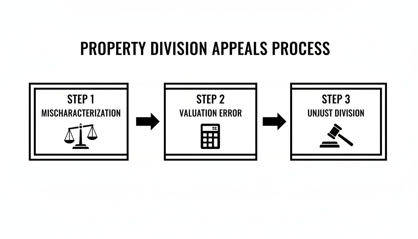 A flowchart detailing the three steps of the property division appeals process: Mischaracterization, Valuation Error, and Unjust Division, with corresponding icons.