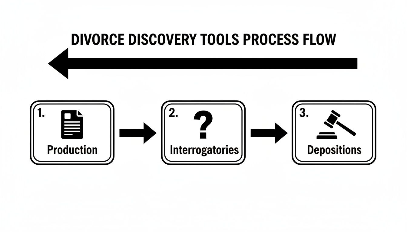 Divorce discovery tools process flow diagram illustrating key stages: Production, Interrogatories, and Depositions, emphasizing the organized approach to gathering information in divorce cases.
