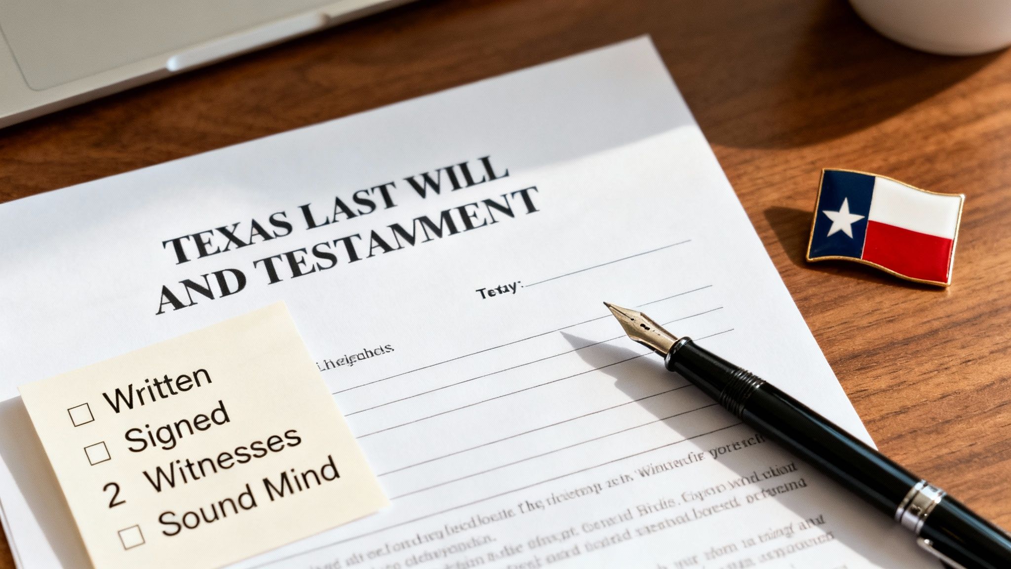 A Texas Last Will and Testament form on a wooden desk with a pen, flag pin, and legal checklist.