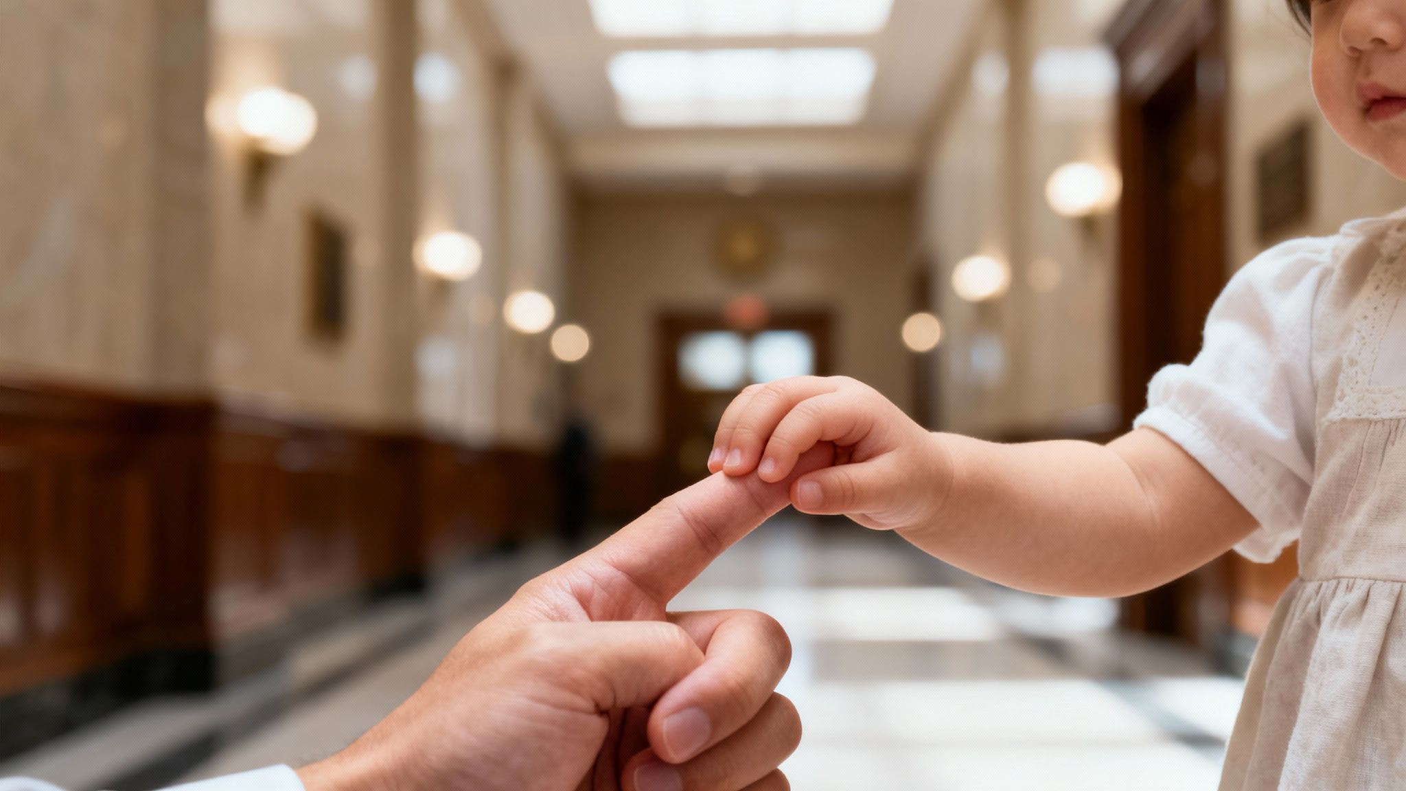 Baby's hand gently grips an adult's finger in a blurred, elegant public building hallway.
