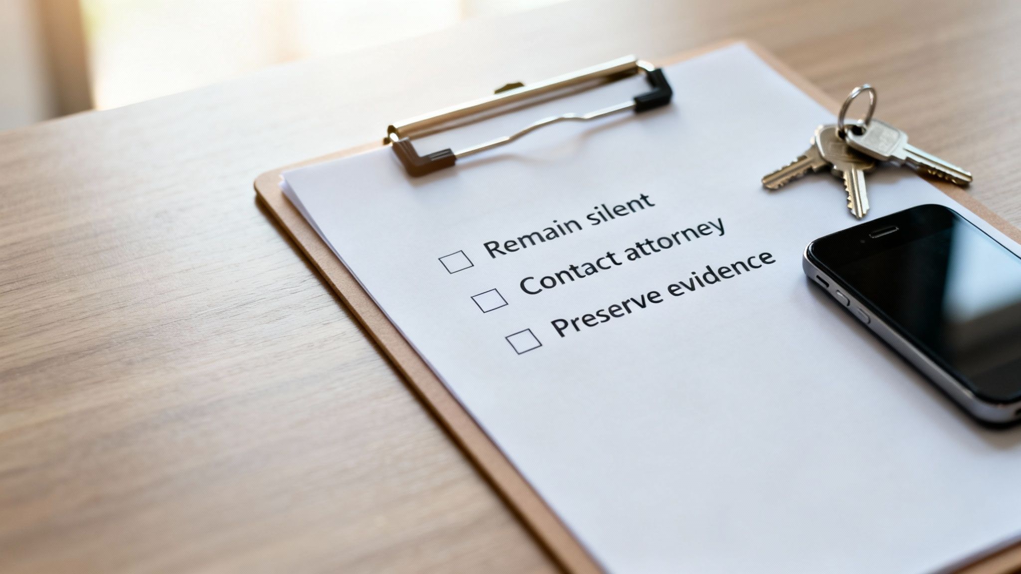 Clipboard showing legal rights: 'Remain silent', 'Contact attorney', 'Preserve evidence', with keys and a phone on a wooden desk.
