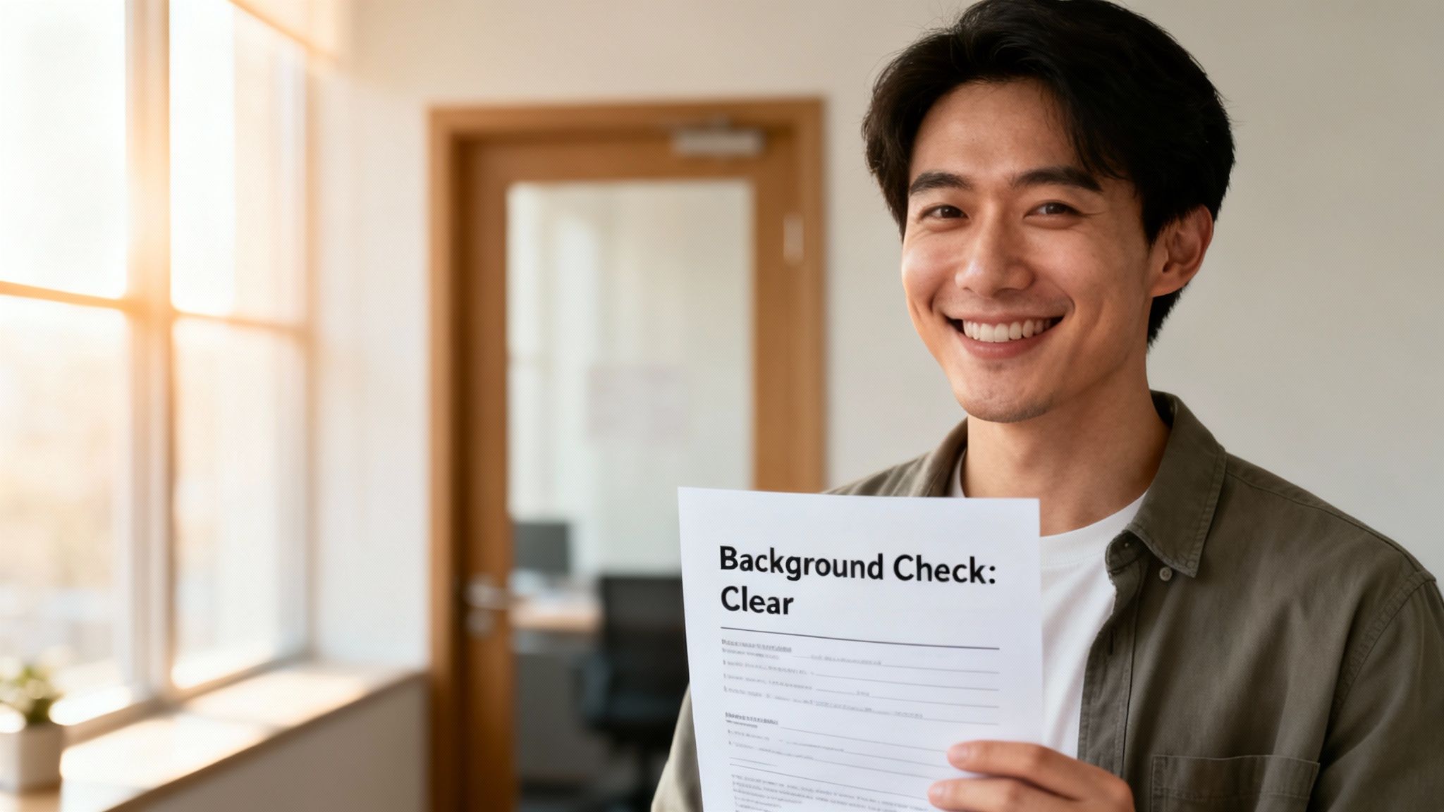 Smiling man holding a document stating "Background Check: Clear," symbolizing the benefits of expunging criminal records in Texas and the positive impact on employment opportunities.
