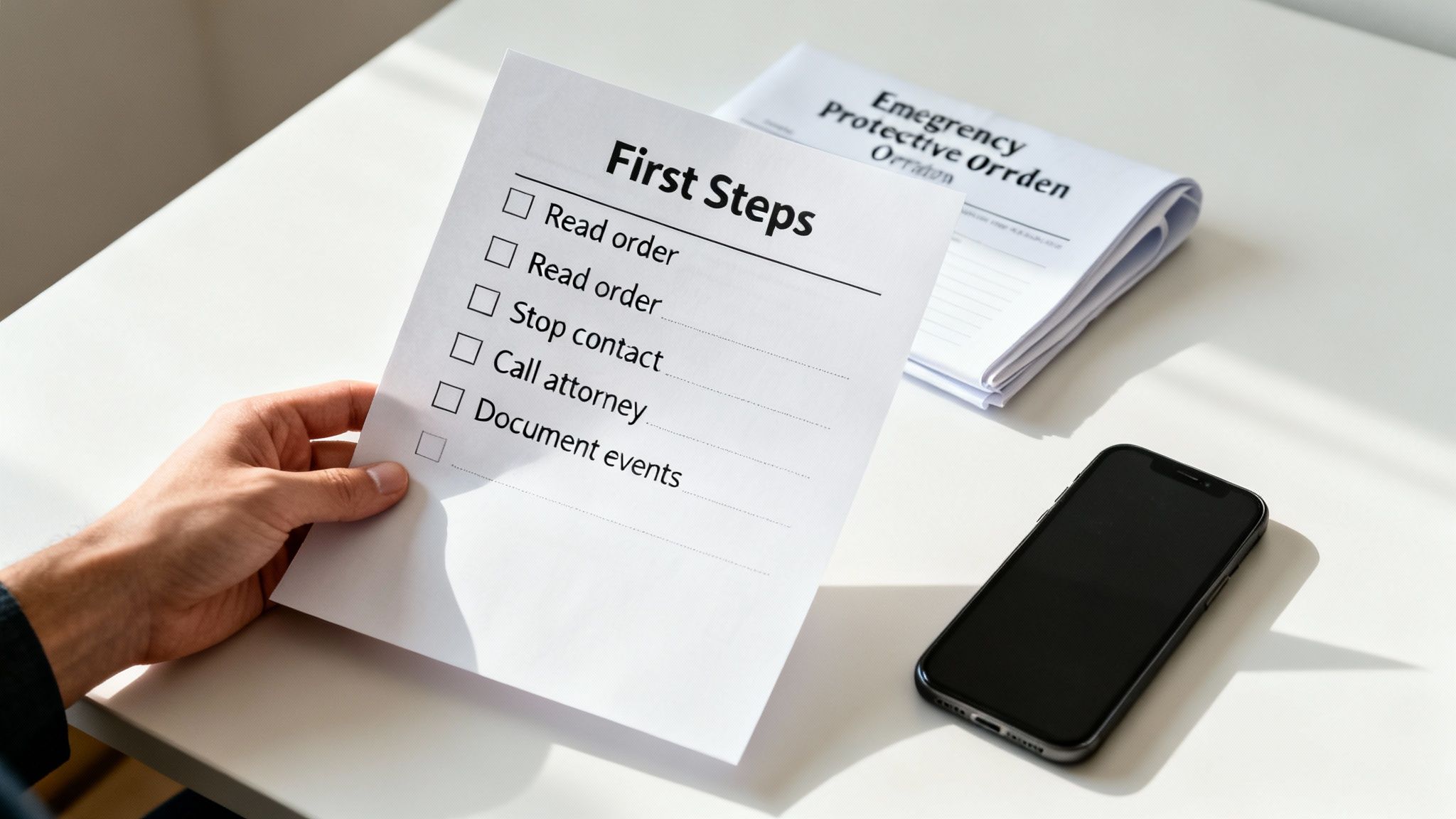 Checklist titled "First Steps" for navigating an Emergency Protective Order in Texas, with items including "Read order," "Stop contact," "Call attorney," and "Document events," alongside a smartphone and a visible Emergency Protective Order document.
