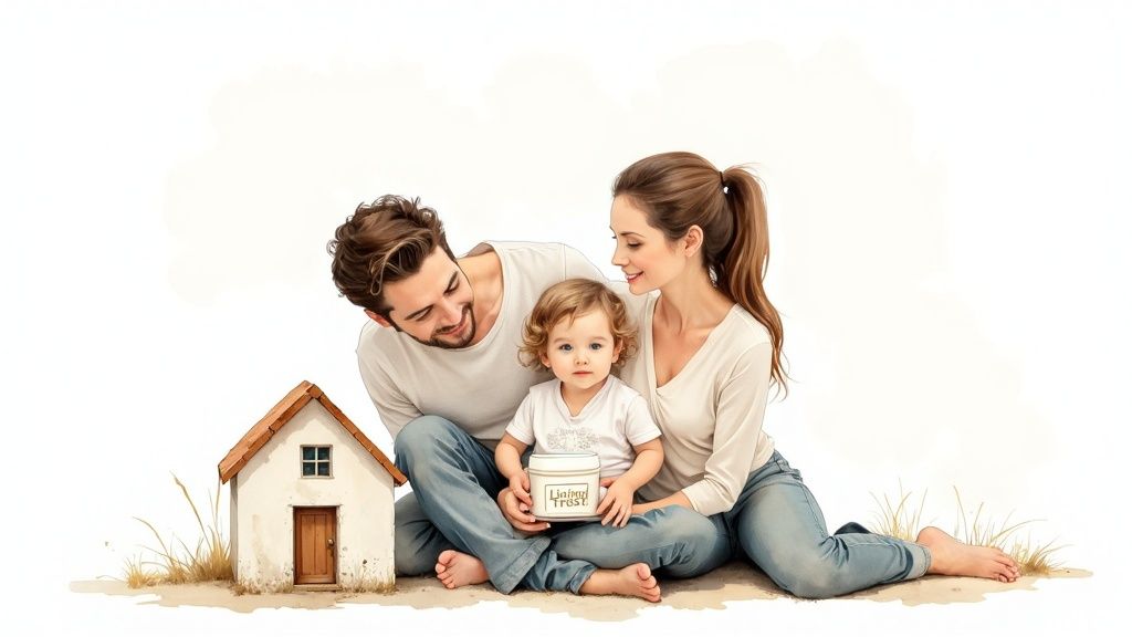 Family sitting together with a child holding a jar labeled "Living Trust" beside a small house, symbolizing estate planning and asset protection.
