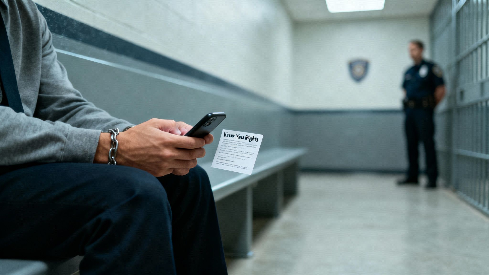 Person in handcuffs sitting on a bench in a police station, holding a phone and a "Know Your Rights" card, with a police officer standing in the background.