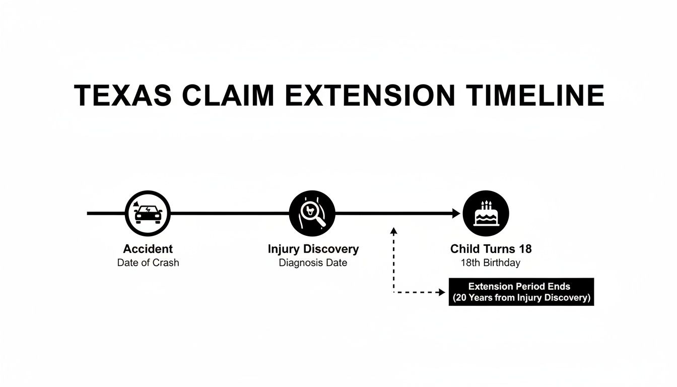 Texas claim extension timeline showing accident, injury discovery, and child's 18th birthday.