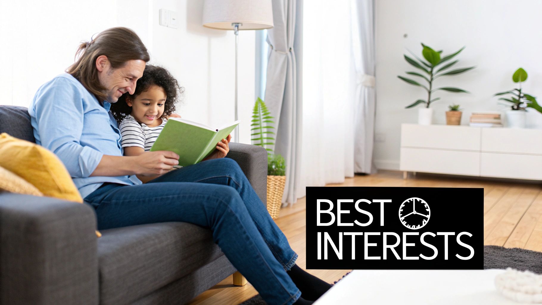 A smiling father and daughter read a green book together on a gray sofa in a bright living room.