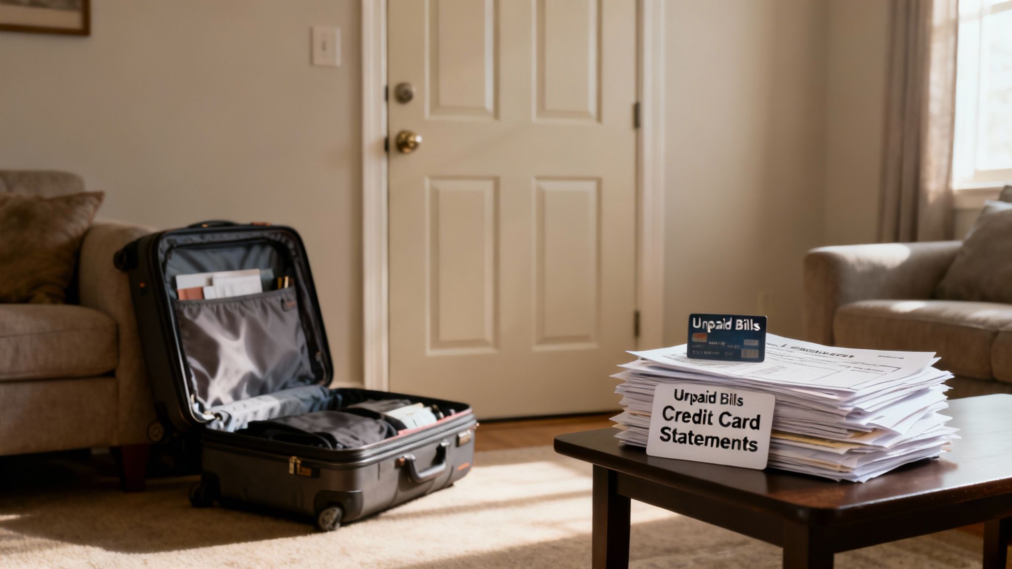 A large stack of unpaid bills and credit card statements on a table next to an open suitcase.