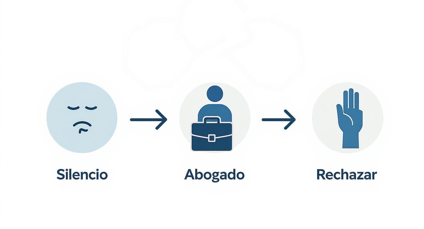Diagrama que ilustra el proceso legal: del silencio inicial, consultar un abogado y rechazar cargos criminales
