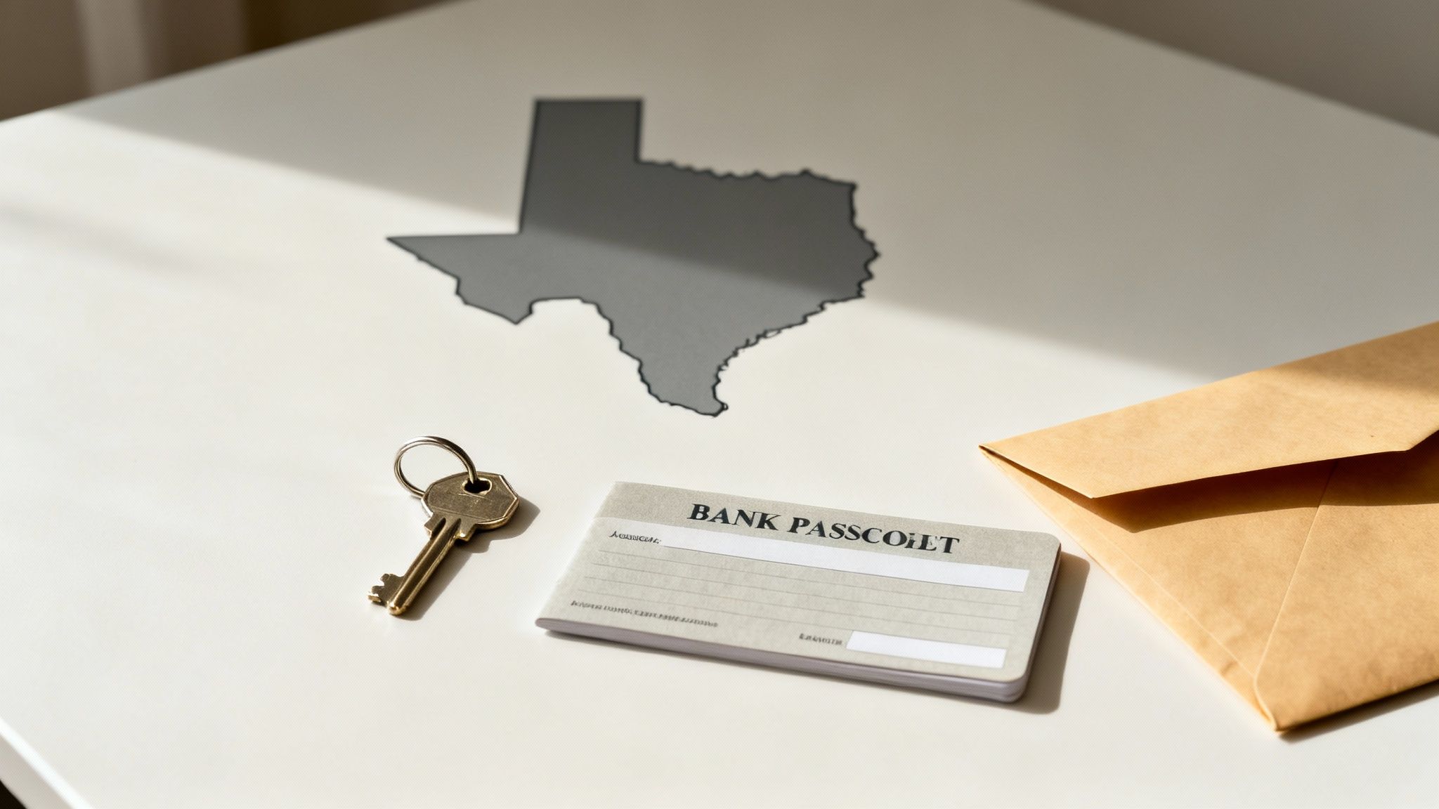 A house key, bank passbook, and brown envelope on a white table with a map of Texas.