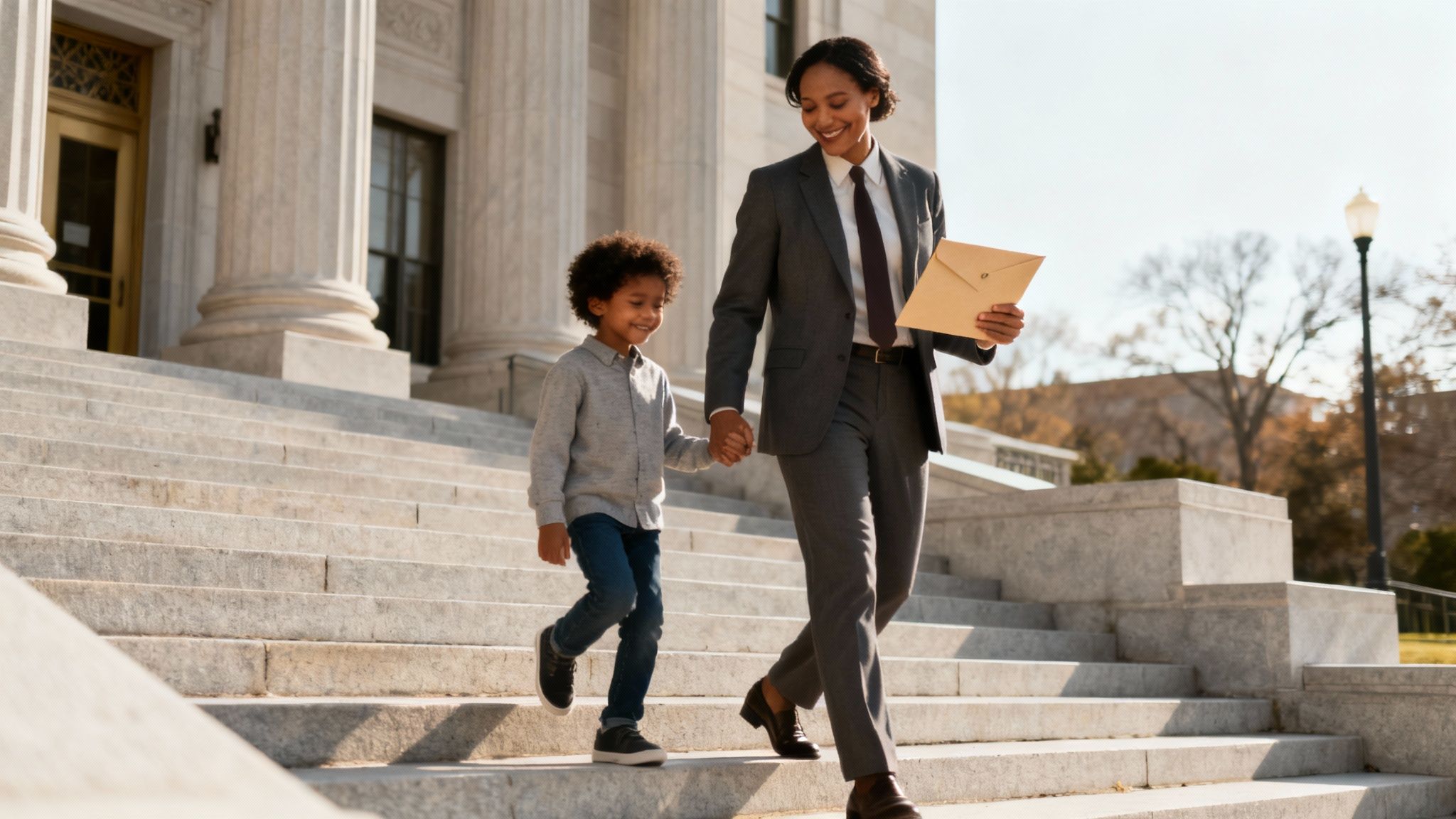 A parent and child walking hand-in-hand towards a brighter future.