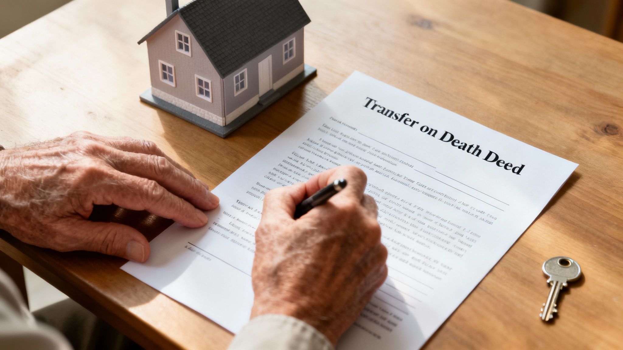 Hand writing on a Transfer on Death Deed form with a miniature house and key on a wooden table, illustrating estate planning in Texas.