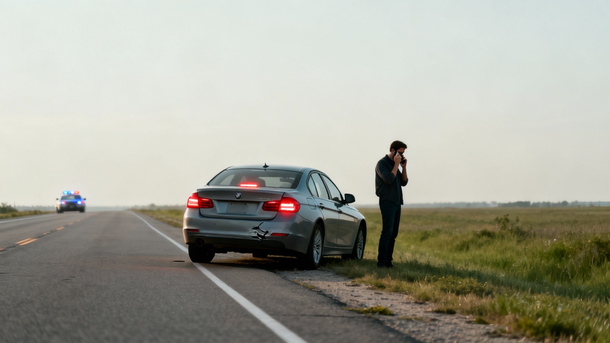A man calls on his phone next to his damaged car on a roadside, a police car approaches.
