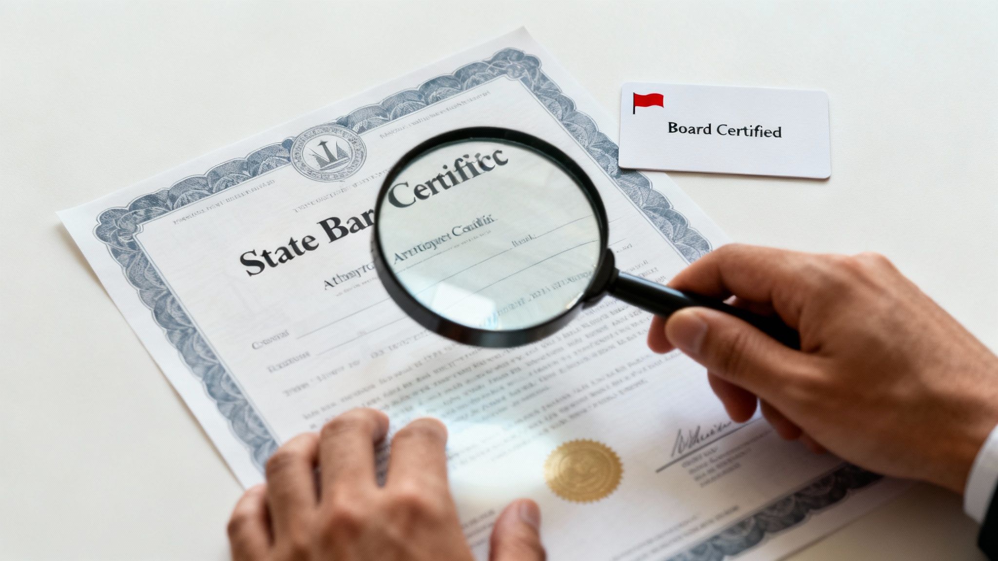 Person examining state bar certificate with magnifying glass to verify board certified attorney credentials