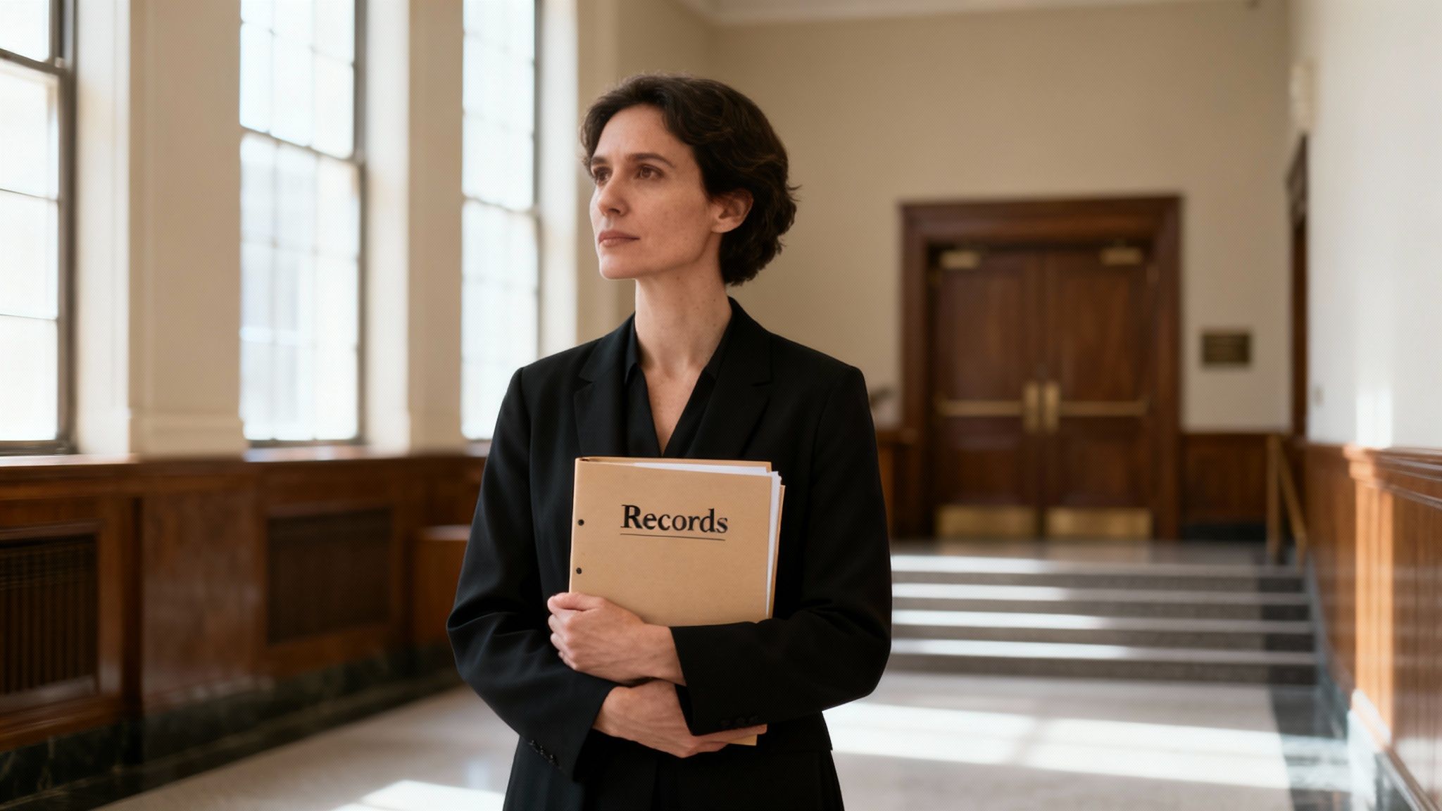 Professional woman in black suit holding a 'Records' folder in a courthouse hallway.
