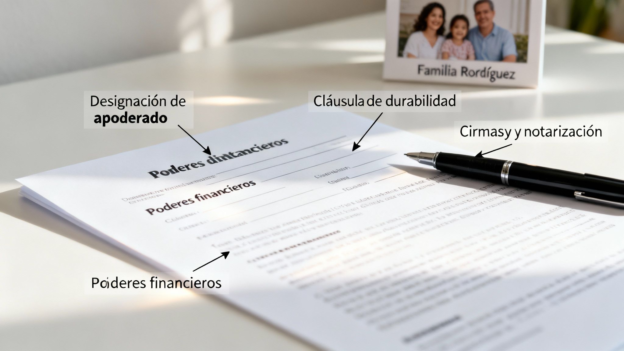 Poder notarial financiero con anotaciones sobre apoderado, cláusula de durabilidad y notarización, en un escritorio.