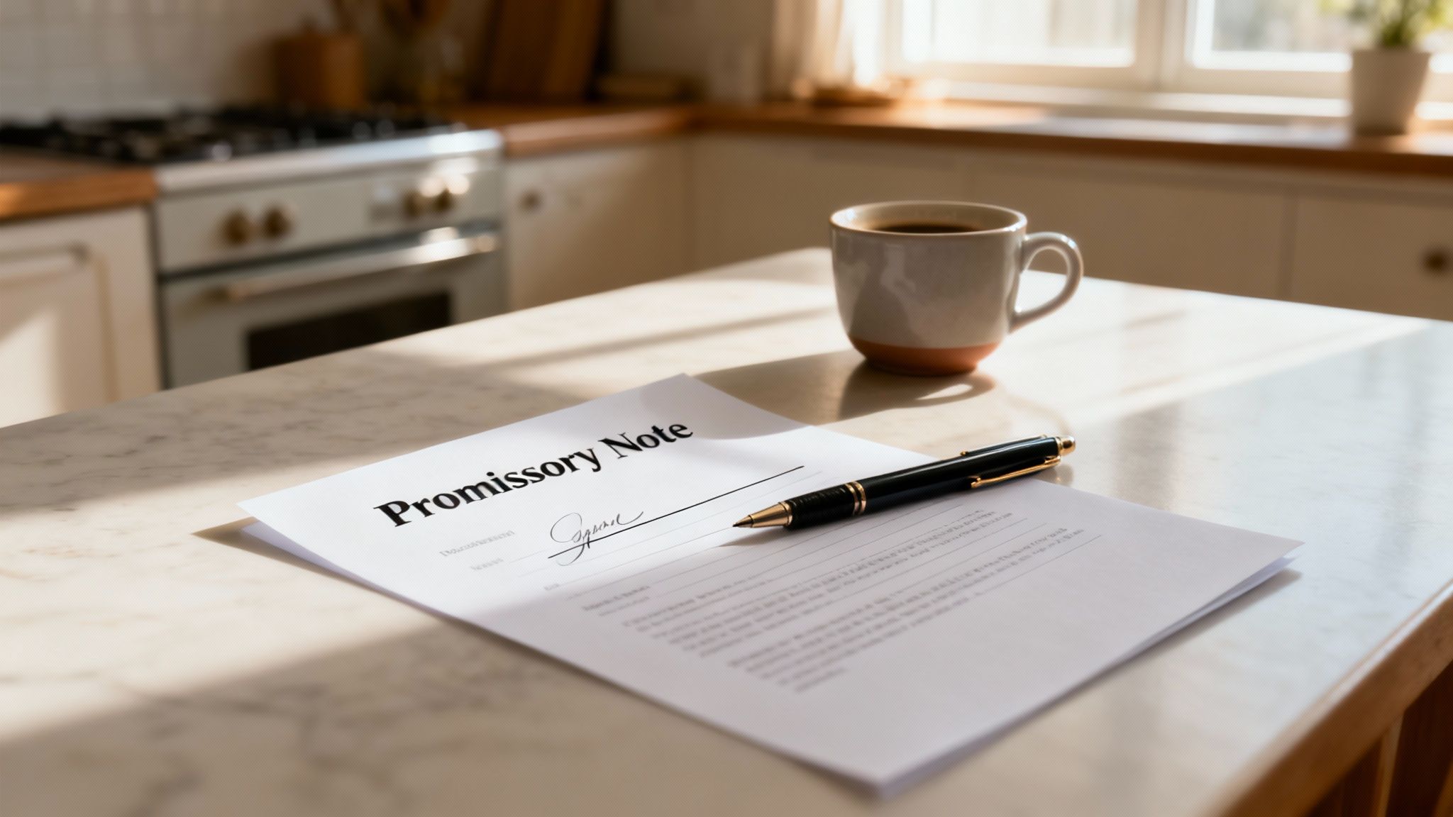 A promissory note document, a pen, and a coffee cup on a sunlit kitchen counter.