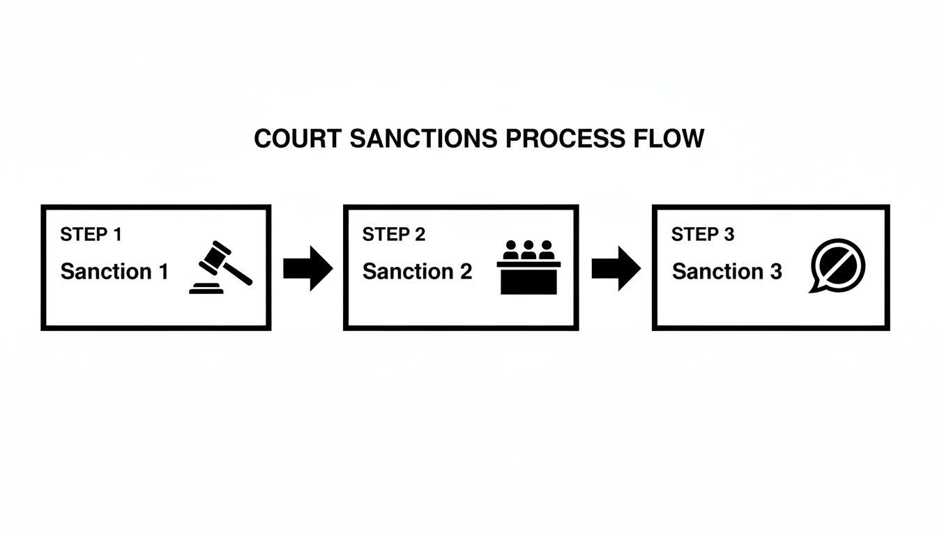 A flowchart titled 'Court sanctions process flow' illustrating three sequential steps of legal sanctions.