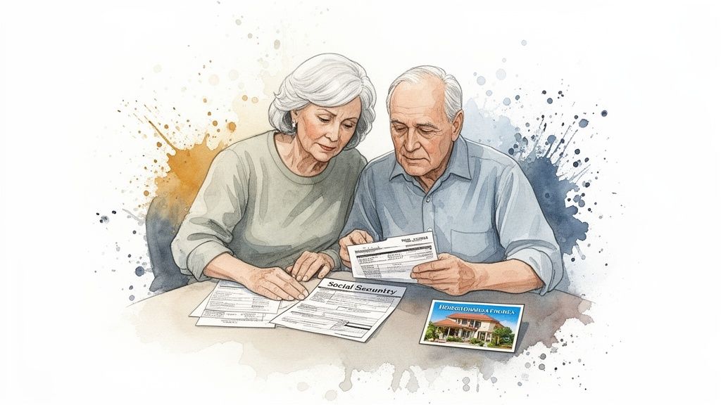 An elderly couple sits at a table, reviewing Social Security documents and a house brochure.