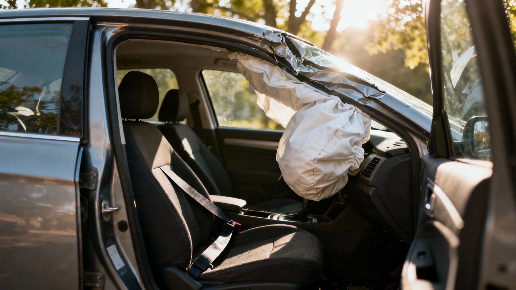 A severely damaged vehicle on the side of a road, illustrating the destructive force of a T-bone crash.