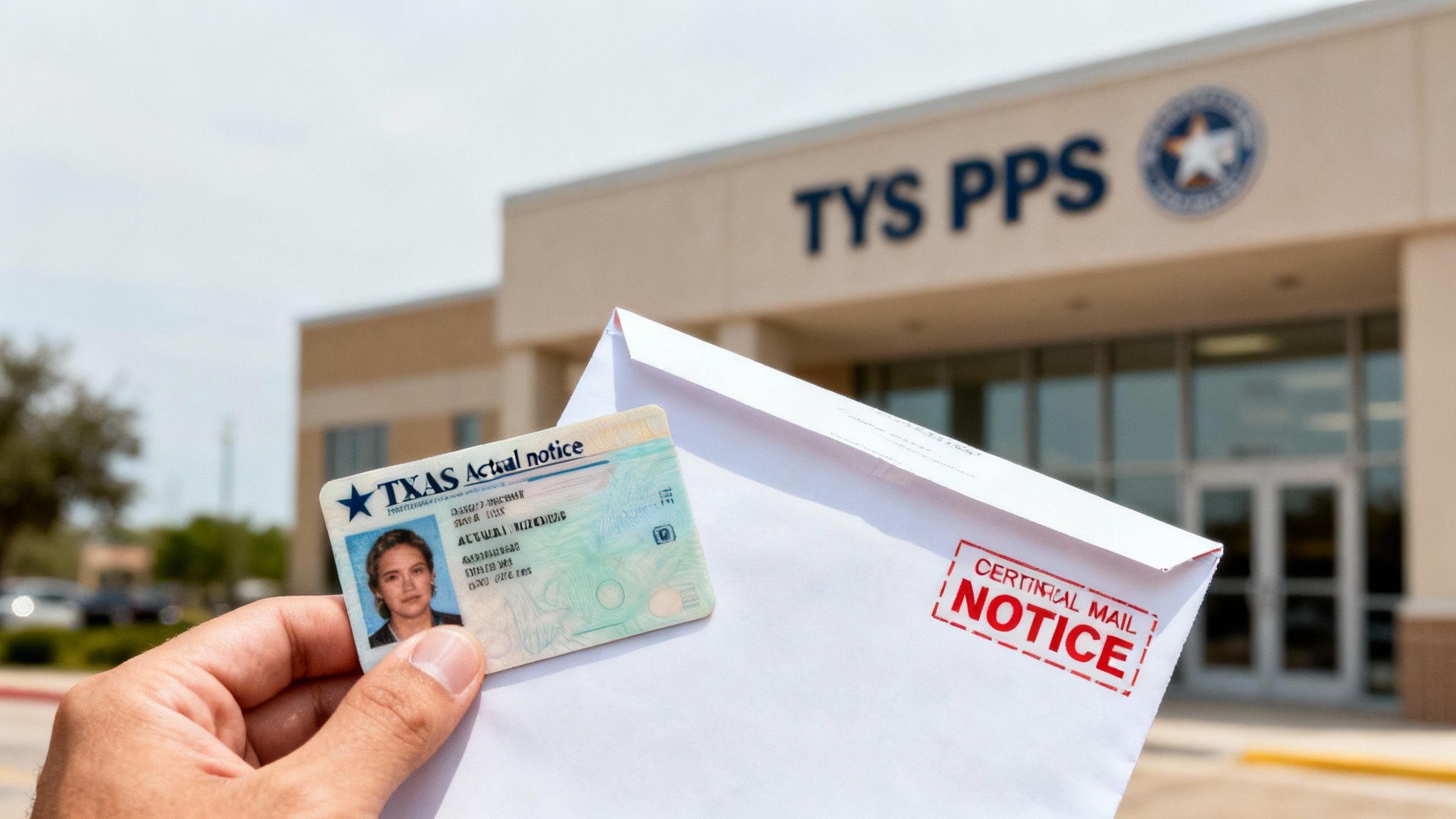 Person holding a Texas driver's license and certified notice letter outside a Texas Department of Public Safety office, relevant to Driving While License Invalid (DWLI) legal issues in Atascocita.