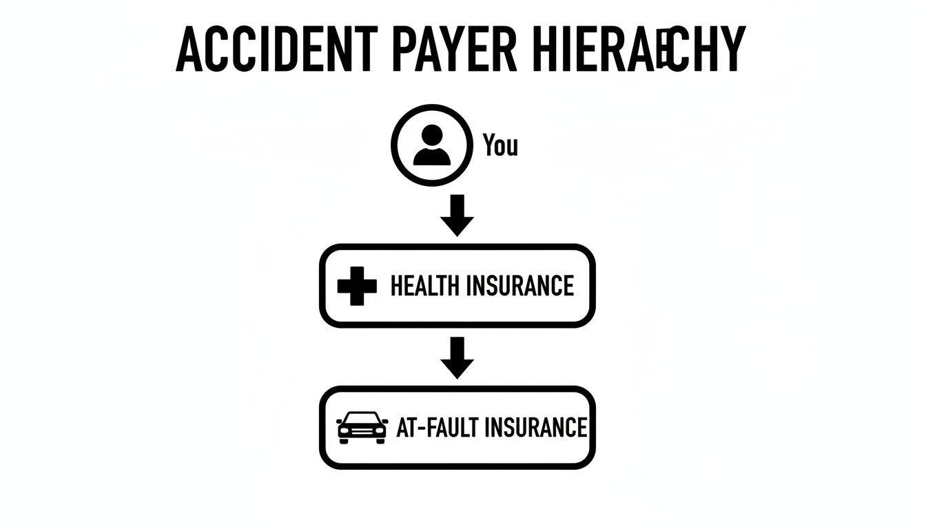 Diagram illustrating the accident payer hierarchy: You, followed by Health Insurance, then At-Fault Insurance.