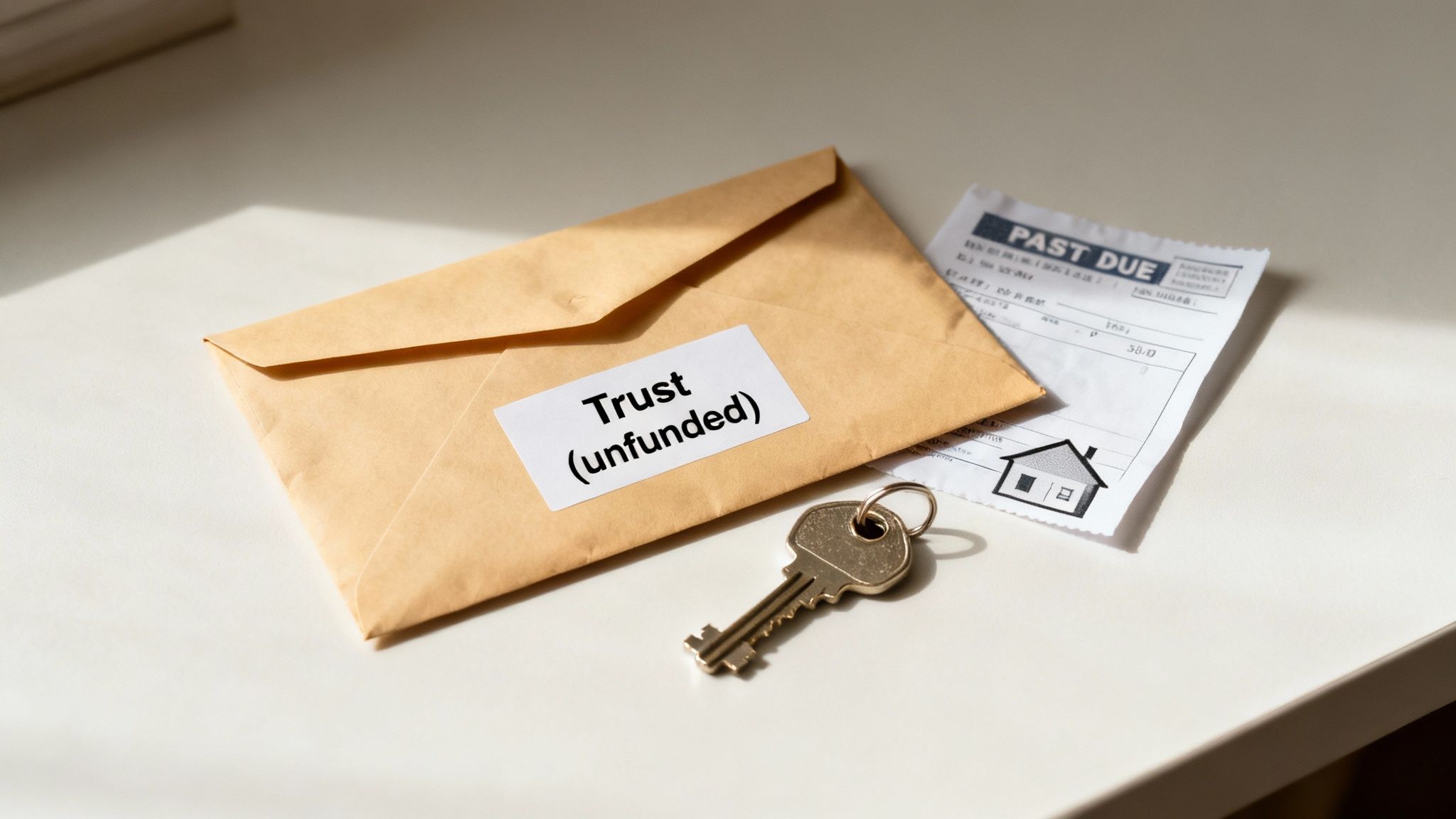 Envelope labeled "Trust (unfunded)" with a key and a past due notice, symbolizing the importance of funding a revocable trust in estate planning for Atascocita families.