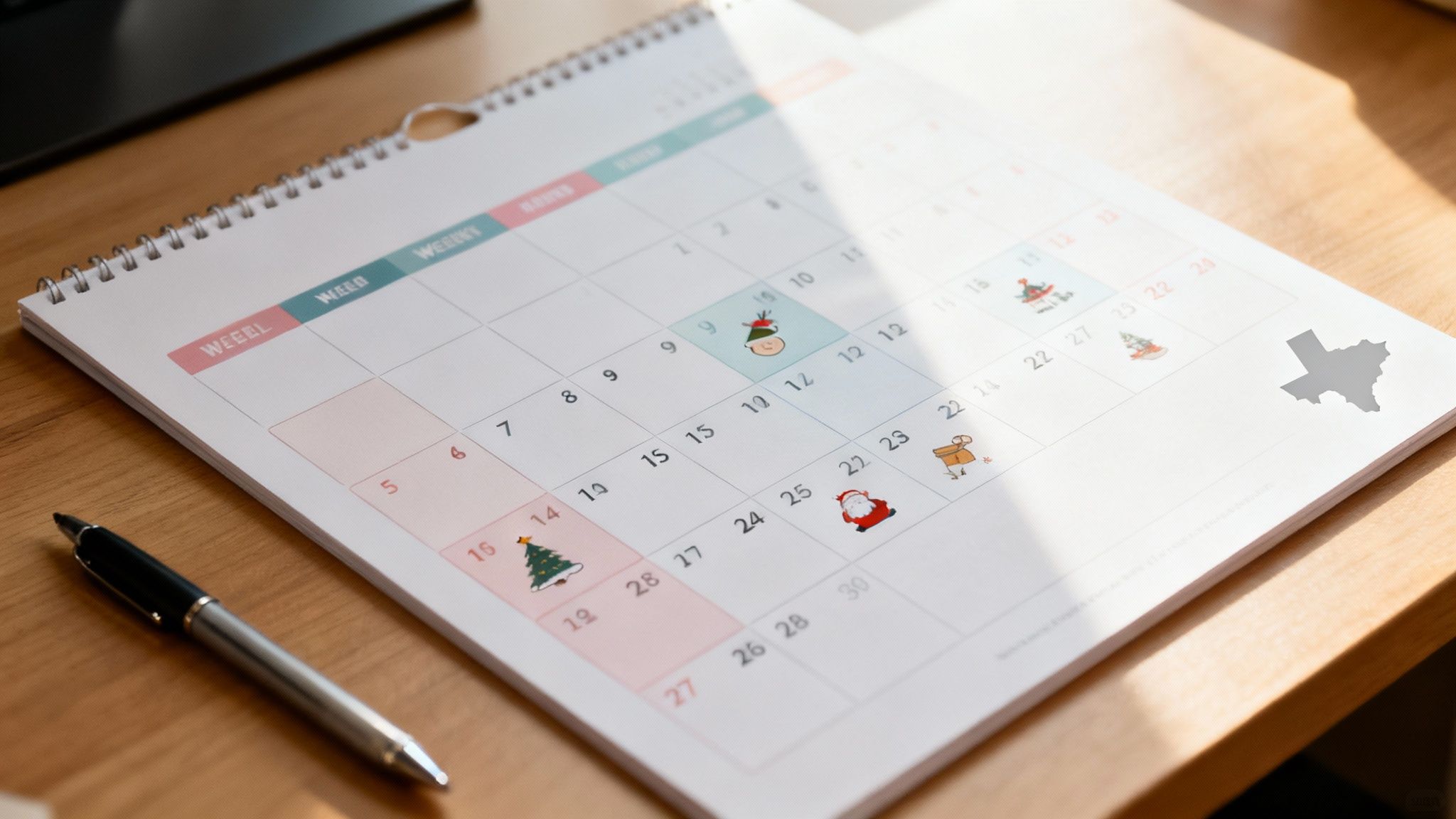 A desk calendar displaying a festive month with Christmas stickers and a Texas outline, next to a pen.