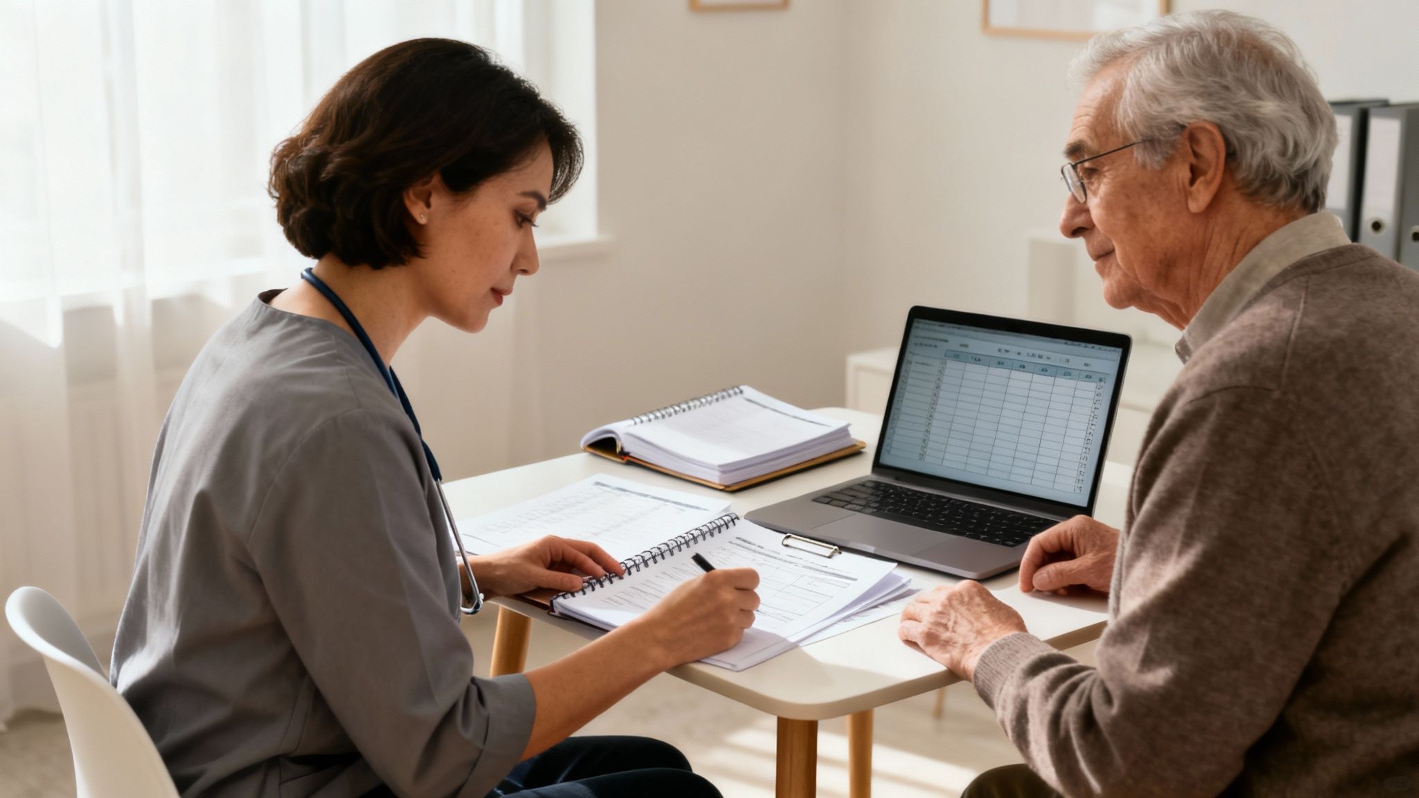A healthcare professional takes notes while consulting with a senior male patient in an office.