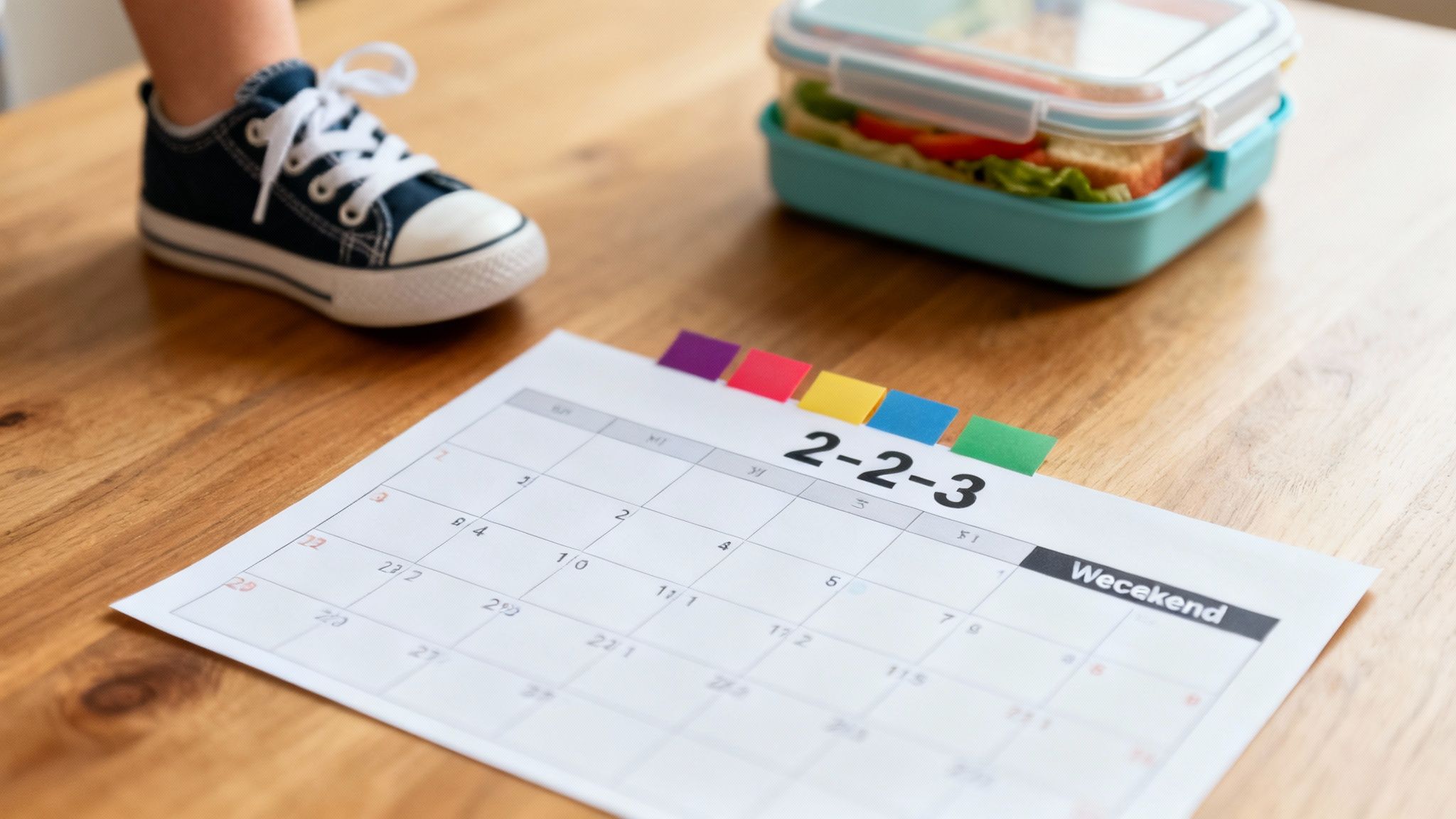 A child's sneaker, a calendar marking '2-2-3' with colorful tabs, and a lunchbox on a wooden table.