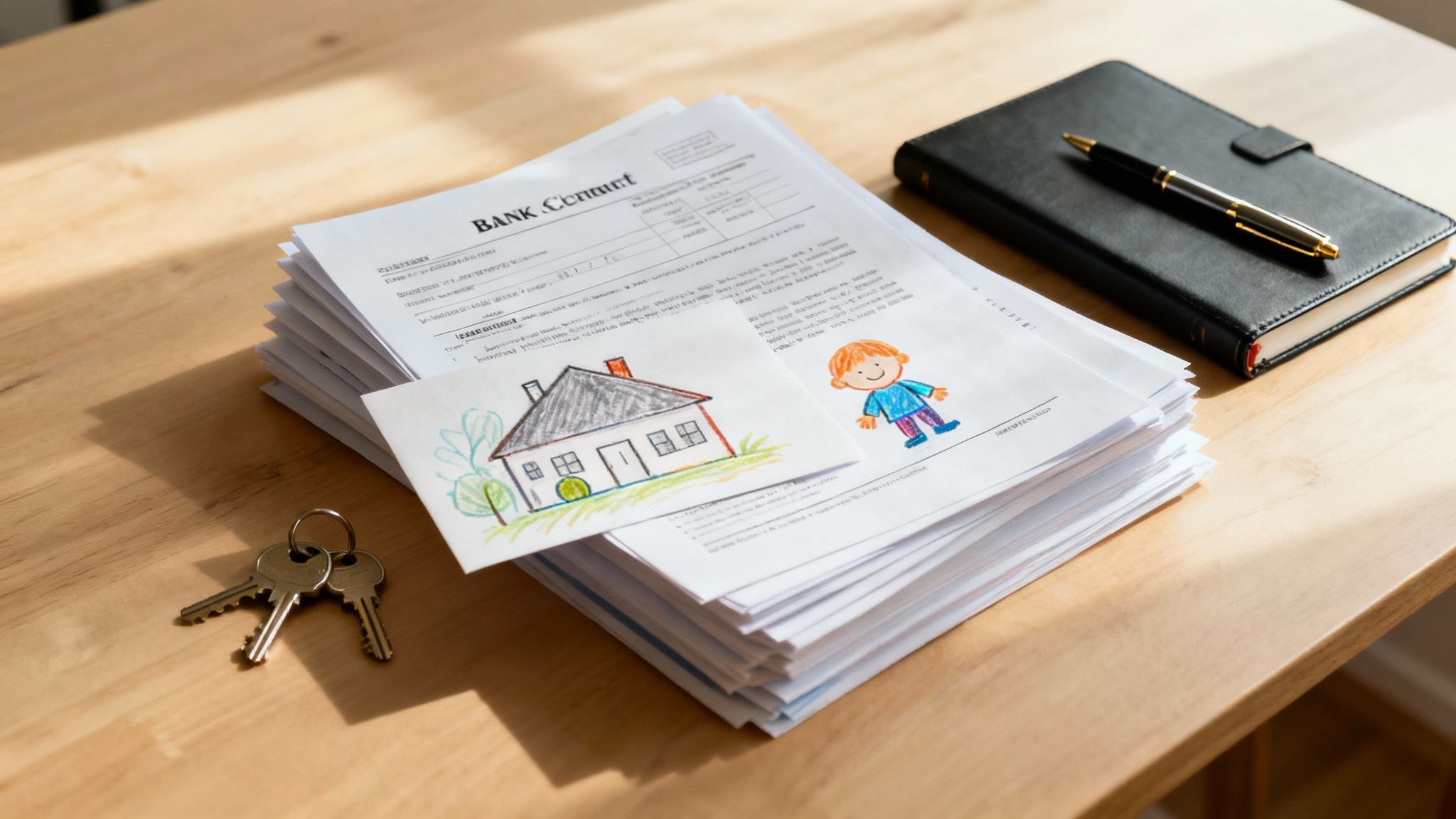 Documents related to divorce mediation, including a drawing of a house and a child, symbolizing family and housing discussions during the settlement process.