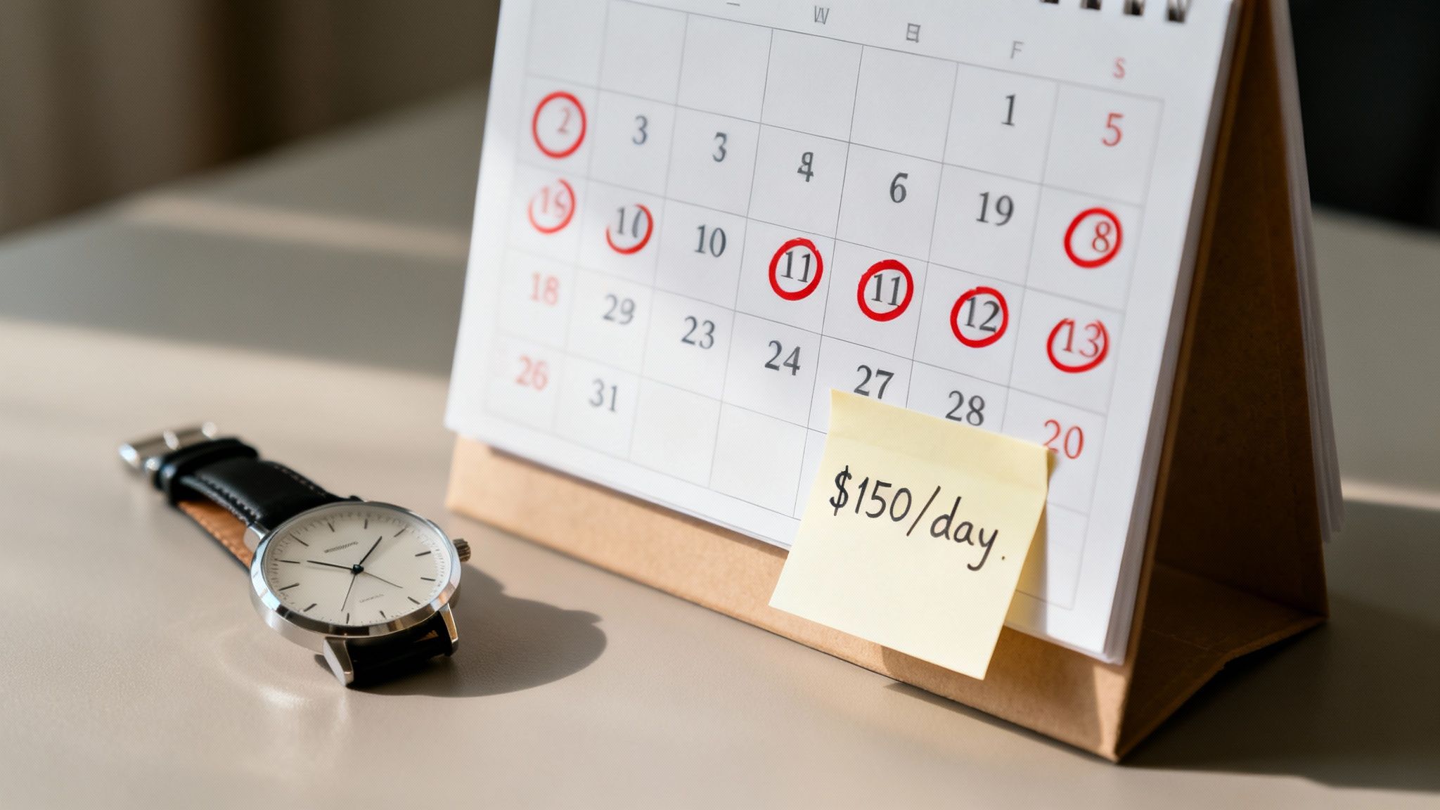 A desk calendar shows various dates circled in red, with a yellow sticky note reading '$150/day' and a wristwatch nearby.