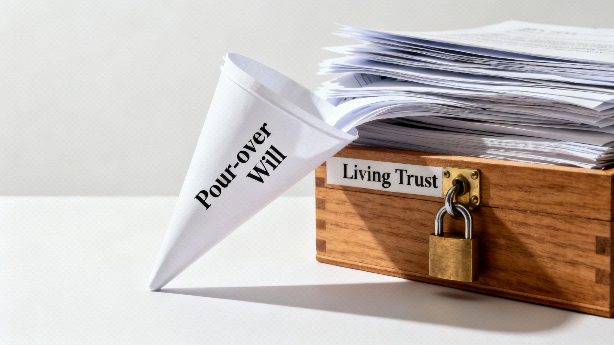 A paper funnel labeled 'Pour-over Will' directs documents into a locked 'Living Trust' box.