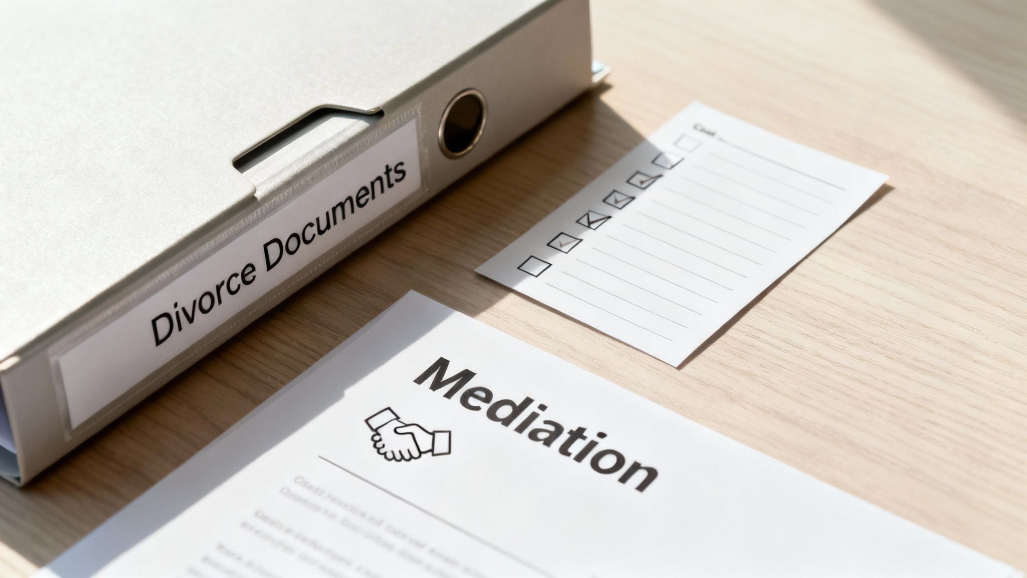 A gray binder labeled 'Divorce Documents' sits beside a 'Mediation' form and a checklist.