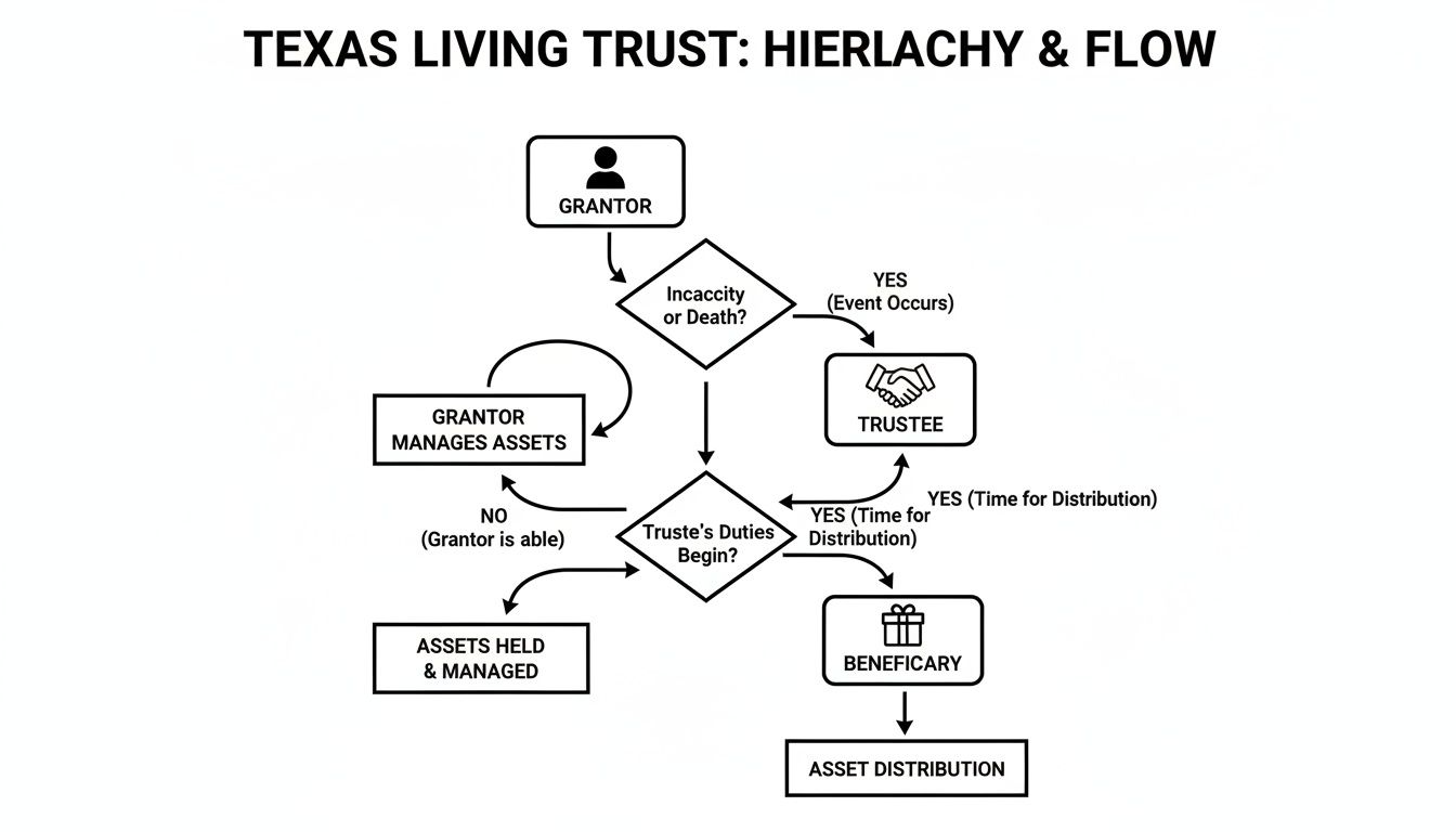 Flowchart illustrating the hierarchy and process of a Texas Living Trust, detailing roles and asset flow.