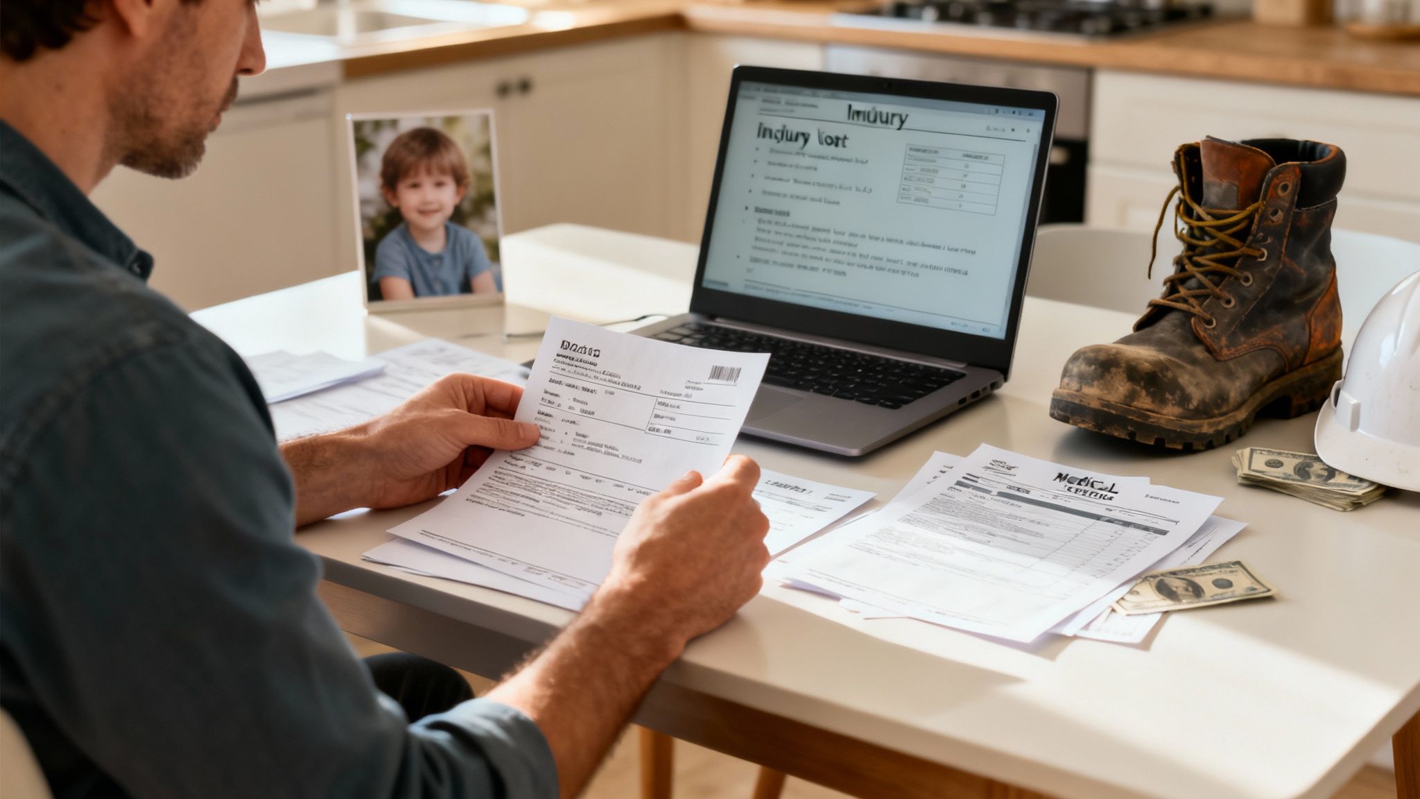 A man reviews medical documents and an injury report on a laptop, surrounded by work-related items.