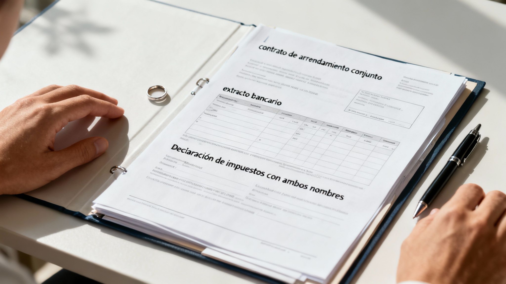 Documentos legales, financieros y fotografías familiares organizados sobre una mesa, representando la evidencia necesaria para probar un matrimonio informal en Texas.