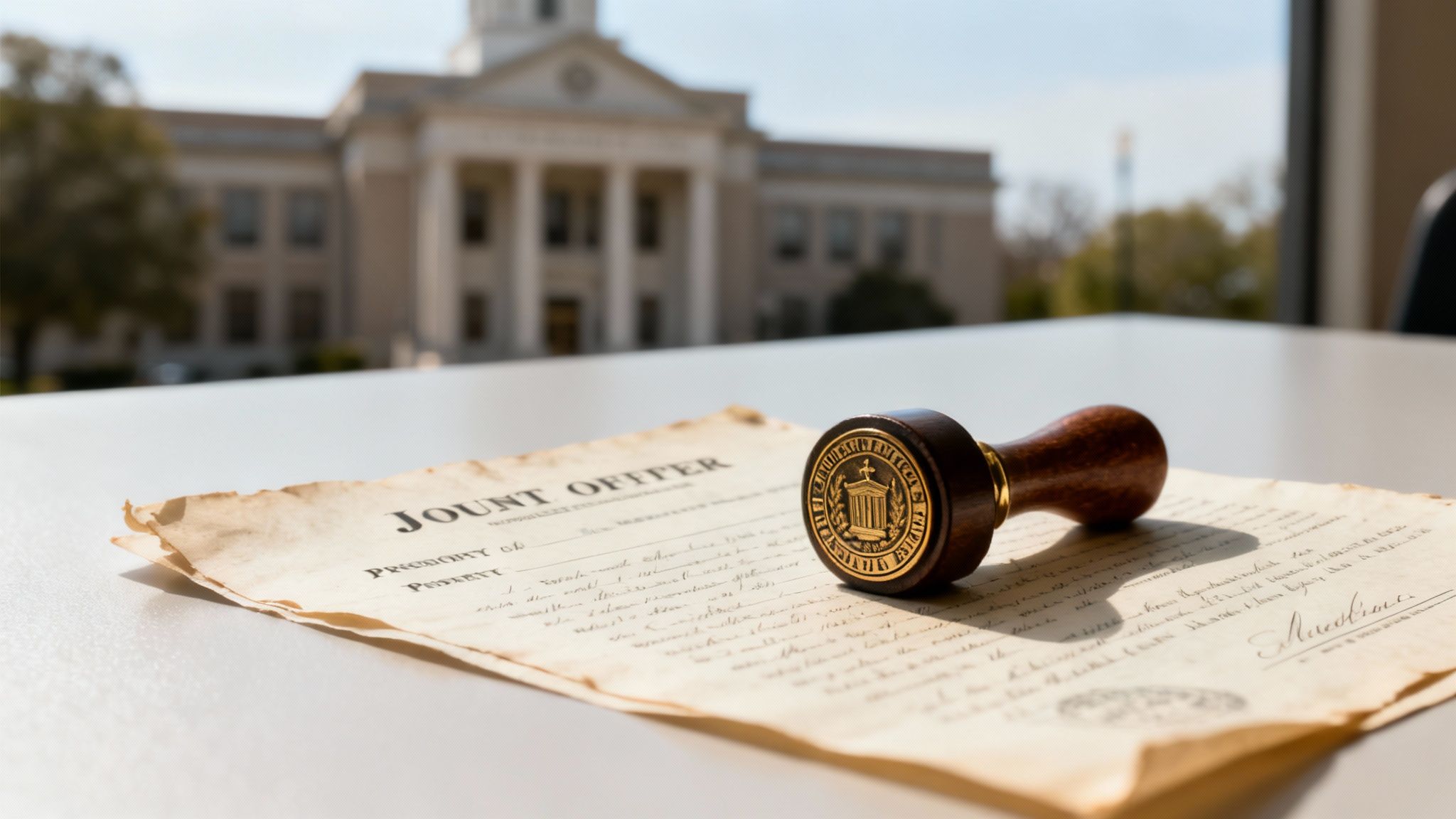 Muniment of title document with notary stamp on a table, courthouse in the background, representing legal proof of property ownership transfer.