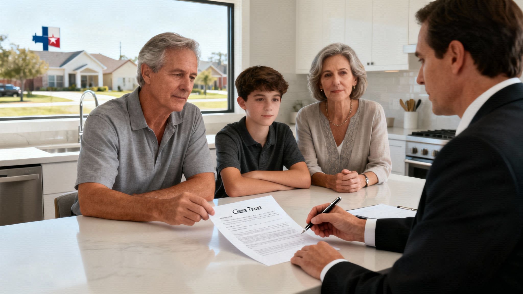 A family, including a man, woman, and child, consults a lawyer about a Client Trust document in a Texas home.